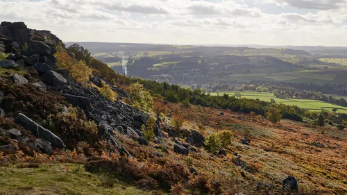 This landscape photograph captures a fern covered hillside along Curbar Edge in Derbyshire, United Kingdom, within the Peak District National Park. Taken in the early afternoon during autumn, the image showcases a rugged scene of nature with rocky outcrops and vibrant autumnal vegetation. The rural countryside stretches out into the distance, revealing rolling farmland and wooded areas typical of the Peak District. In the background, the elevated vantage point provides a wide view of the valley below, with fields patchworked by hedgerows and scattered trees beneath a partly cloudy sky. The image highlights the natural beauty and distinctive geological features of Curbar Edge, illustrating the landscape typical of rural Derbyshire in the autumn season.